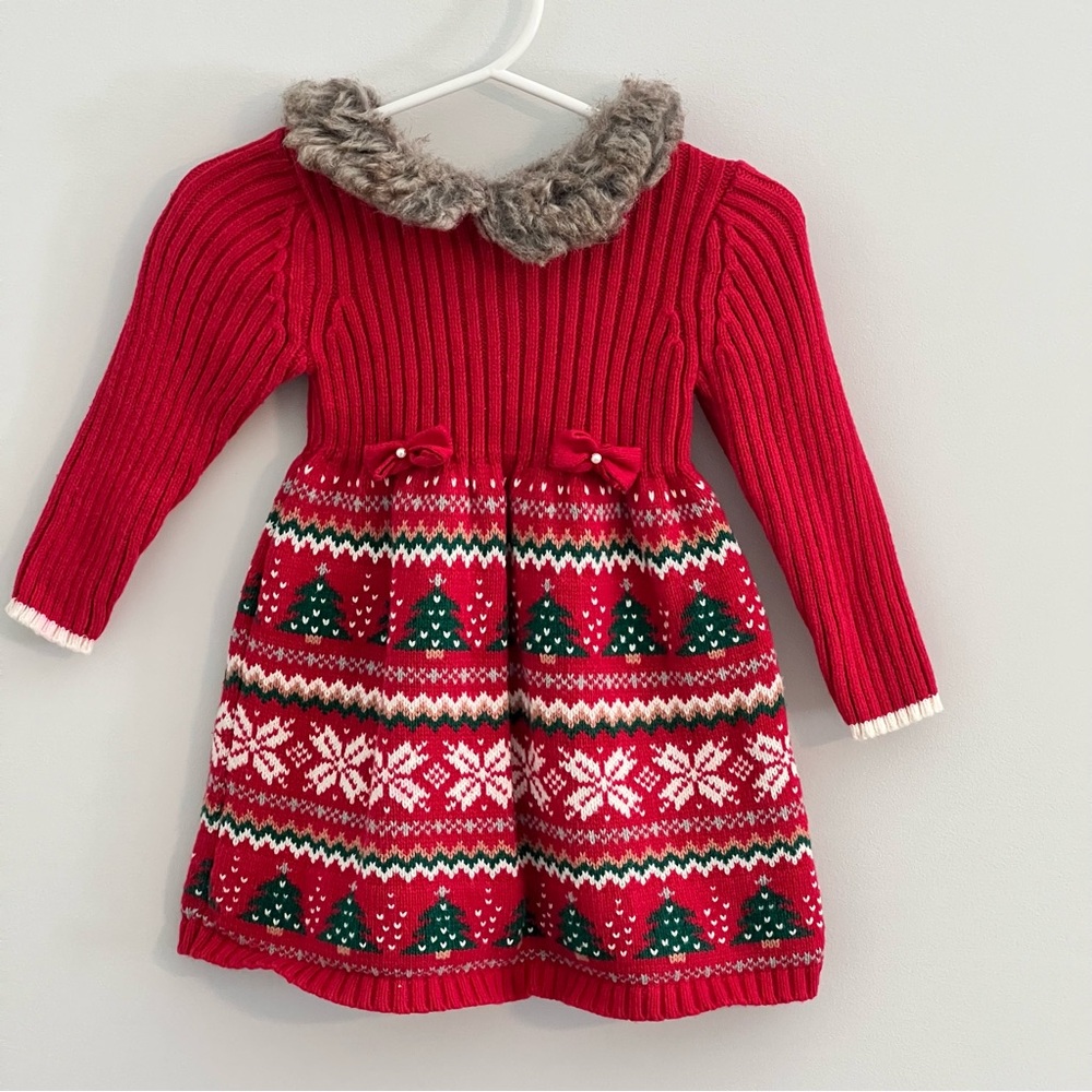 Holiday Tommy Bahama Red Knit Baby Dress with Vegan Faux Fur Trim
